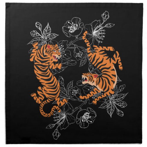 Tigers Japanese Art Style Black Background Cloth Napkin