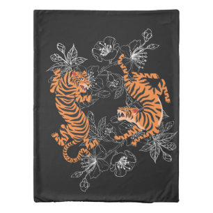 Tigers Japanese Art Style Black Background Duvet Cover