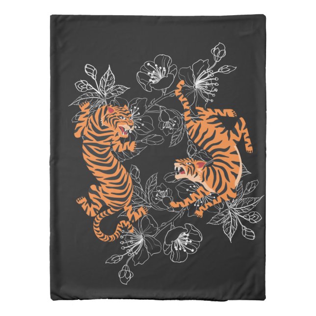 Tigers Japanese Art Style Black Background Duvet Cover (Back)