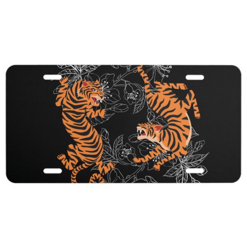 Tigers Japanese Art Style Black Background License Plate