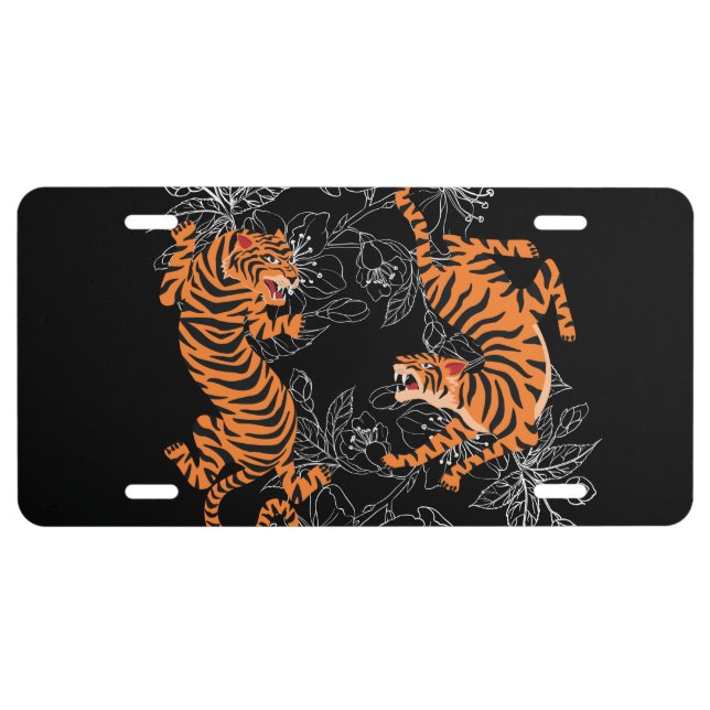 Tigers Japanese Art Style Black Background License Plate (Front)