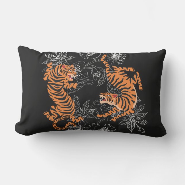 Tigers Japanese Art Style Black Background Lumbar Pillow (Front)
