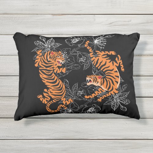 Tigers Japanese Art Style Black Background Outdoor Pillow