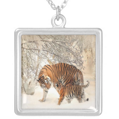 tigers on snow silver plated necklace