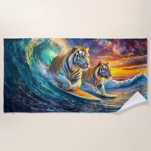 Tigers Surfing Space Design by Rich AMeN Gill Beach Towel