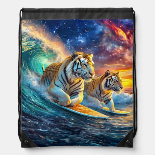 Tigers Surfing Space Design by Rich AMeN Gill Drawstring Bag