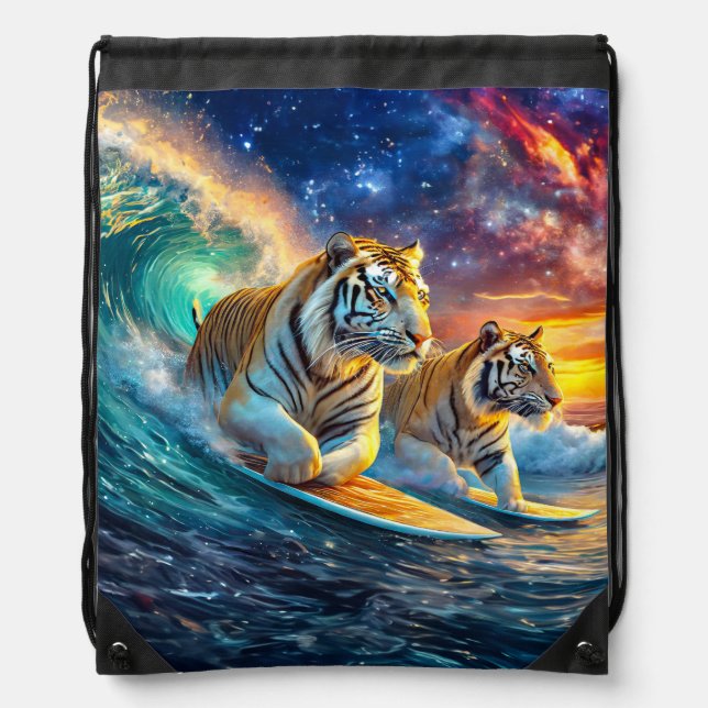 Tigers Surfing Space Design by Rich AMeN Gill Drawstring Bag (Front)
