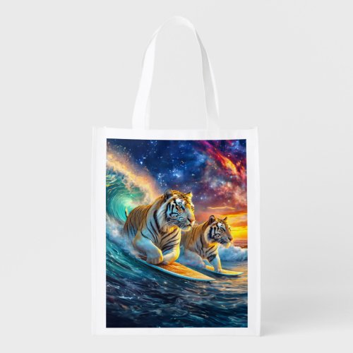 Tigers Surfing Space Design by Rich AMeN Gill Grocery Bag