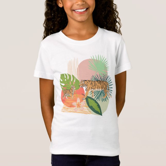 Tigers Tropical Flowers Print Pastel Abstract Art T-Shirt (Front)