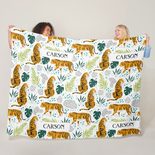 Tigers  Tropical Leaves Name Pattern Fleece Blanket