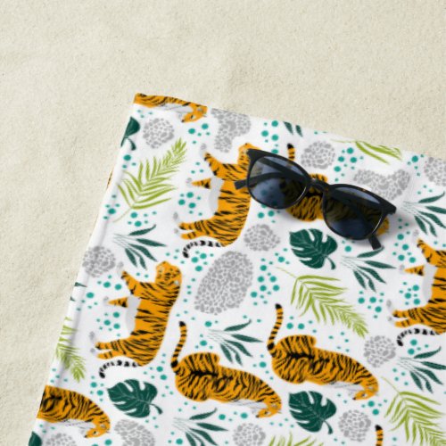 Tigers  Tropical Leaves Pattern Beach Towel