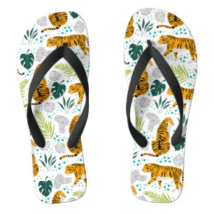 Tigers & Tropical Leaves Pattern Flip Flops