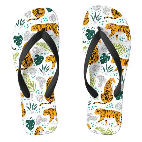 Tigers  Tropical Leaves Pattern Flip Flops