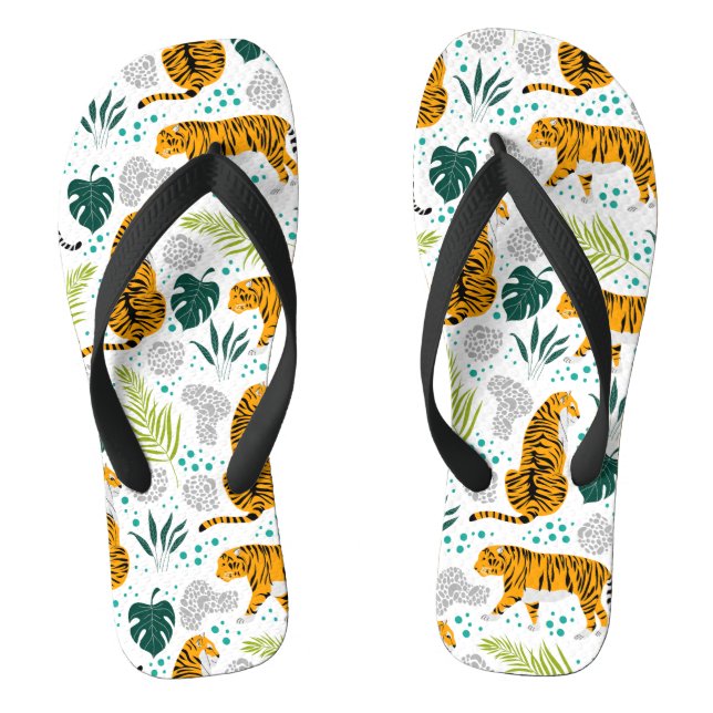 Tigers & Tropical Leaves Pattern Flip Flops (Footbed)