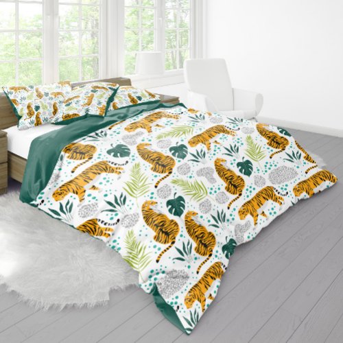 Tigers  Tropical Leaves Pattern Green Duvet Cover