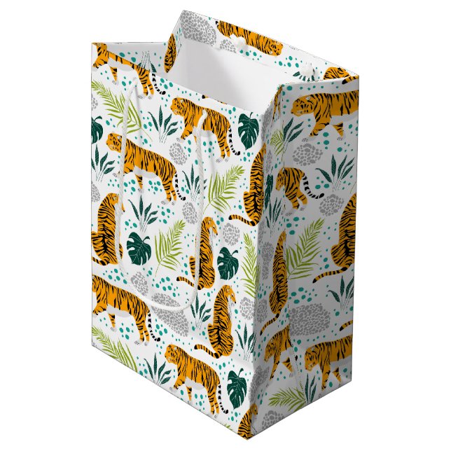 Tigers & Tropical Leaves Pattern Medium Gift Bag (Front Angled)