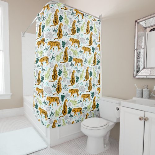 Tigers  Tropical Leaves Pattern Shower Curtain