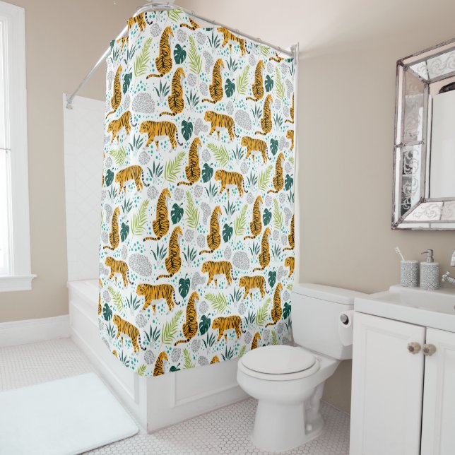 Tigers & Tropical Leaves Pattern Shower Curtain (In Situ)