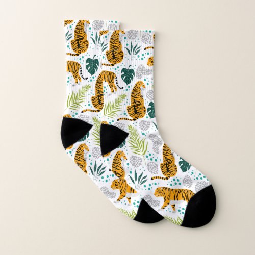 Tigers  Tropical Leaves Pattern Socks