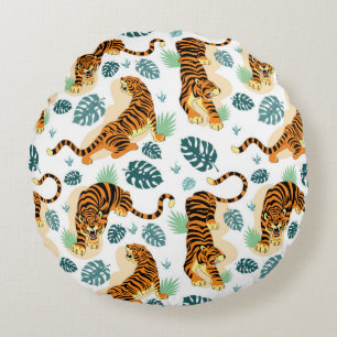 Tigers Tropical Leaves: Vintage Illustration. Round Pillow