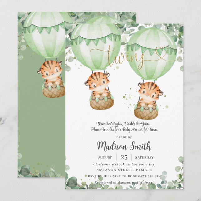 Tigers Twins Greenery Gender Neutral Baby Shower Invitation (Front/Back)