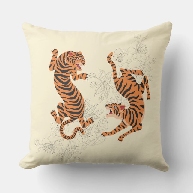Tigers With Cherry Blossom Outdoor Pillow (Front)