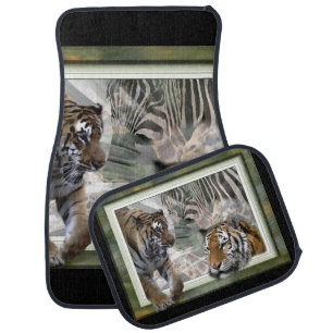Tigers, Zebra,Giraffe, Primitive Jungle Car Mat