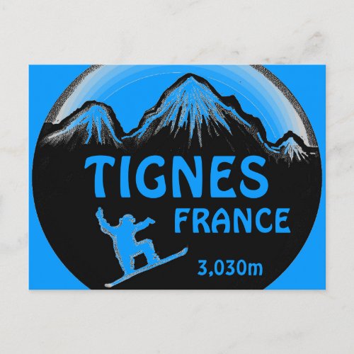 Tignes France blue snowboard art postcard