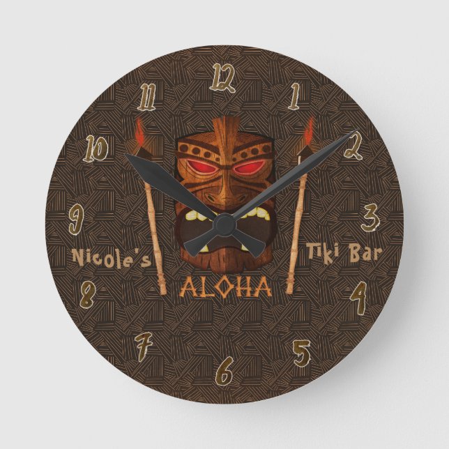 Tiki ALOHA Bar Tropical Custom Personalized Round Clock (Front)