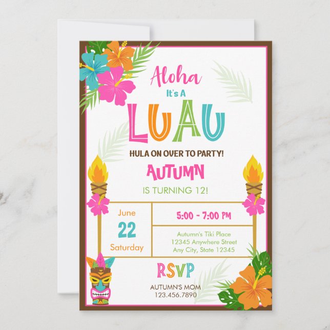 Tiki Aloha Luau Hawaiian Tropical Summer Birthday  Invitation (Front)