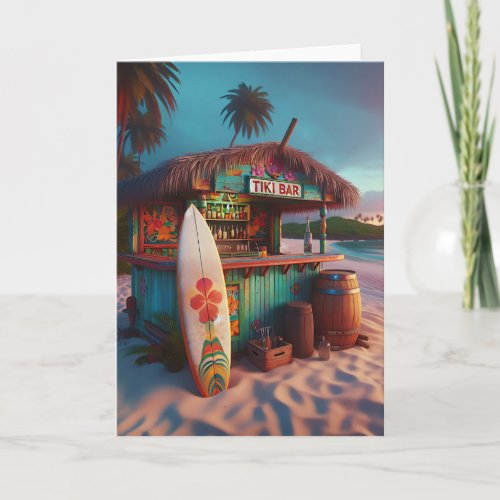 Tiki Bar at the end of the Day on Beach Card