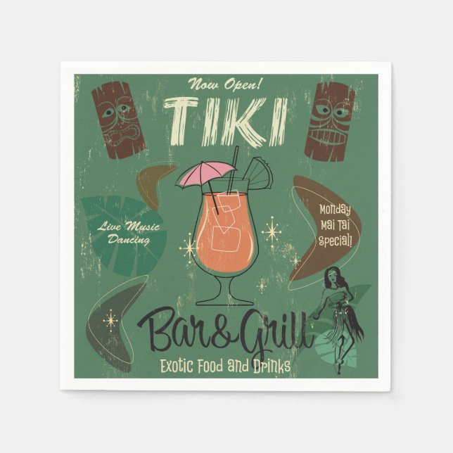 Tiki Bar&Grill Retro Cocktail Napkins (Front)