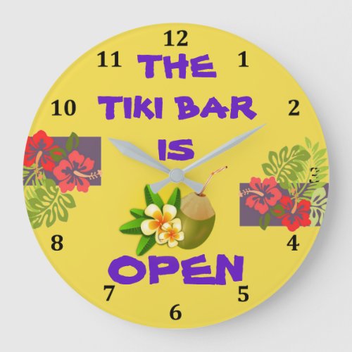 Tiki Bar Hut is Open Tropical Hibiscus Cocktail Large Clock