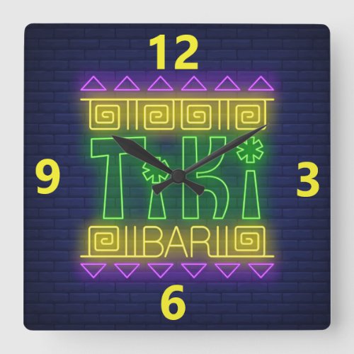 Tiki Bar Neon Sign Square Wall Clock