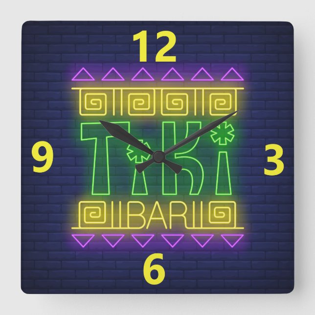 Tiki Bar Neon Sign Square Wall Clock (Front)