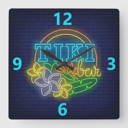 Tiki Bar Neon Sign Square Wall Clock