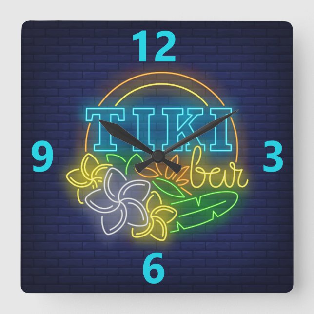 Tiki Bar Neon Sign Square Wall Clock (Front)
