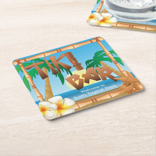Tiki Bar Personalize Tropical Oasis Square Paper Coaster (Angled)
