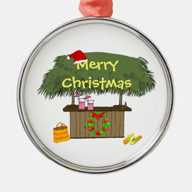 Tiki Bar Santa Hat Wreath Tropical Beach Christmas Metal Ornament (Front)