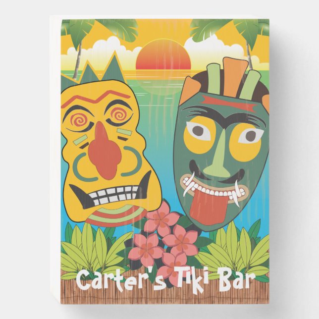 Tiki Bar Sign with Fun Tiki Masks & Name (Front Vertical)