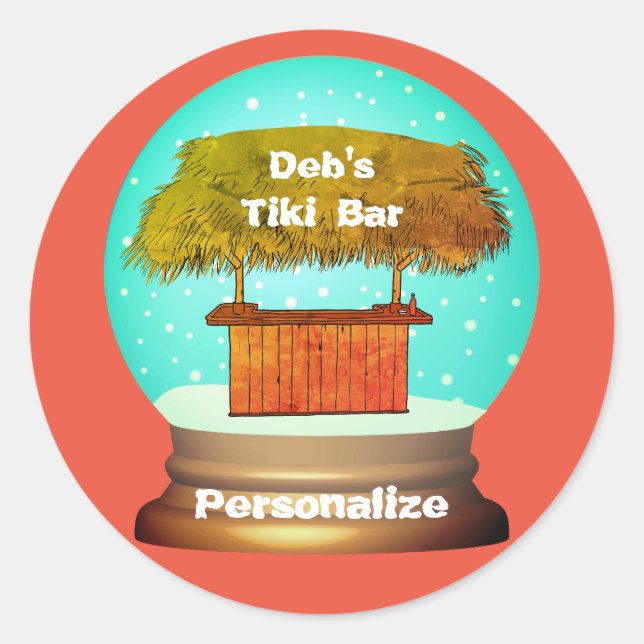 Tiki bar snow globe summer beach orange turquoise  classic round sticker (Front)