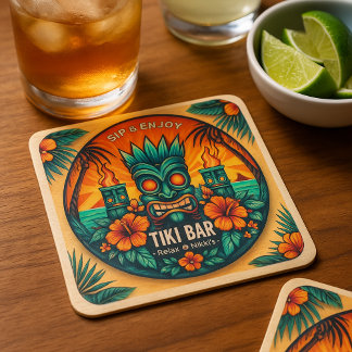 Tiki Bar Tropical Drinks Party Decor - Square Paper Coaster