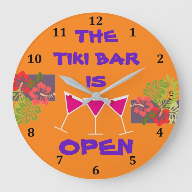 Tiki Bar Tropical Hibiscus Cocktails Custom Color Large Clock (Front)