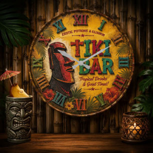 Tiki Bar Vintage Island Cocktail Lounge Large Clock