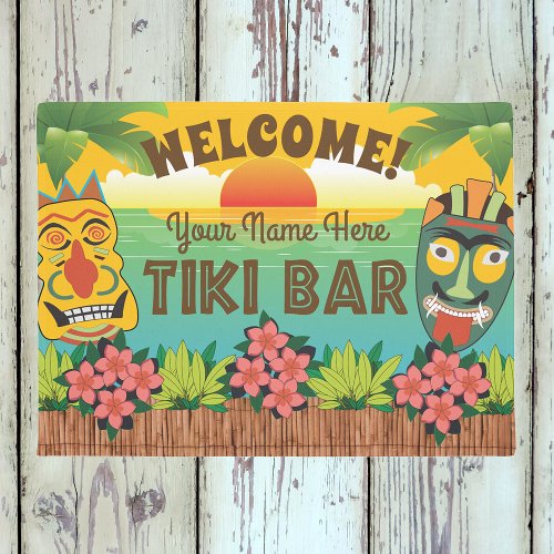 Tiki Bar Welcome with Mask Sunset Add Name Doormat
