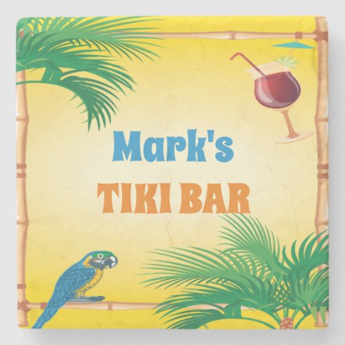 Tiki Bar with Parrots Drinks and Custom Name  Stone Coaster