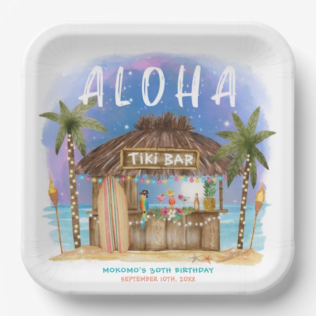 Tiki Beach Bar Moon Stars Tropical Birthday Paper Plates (Front)