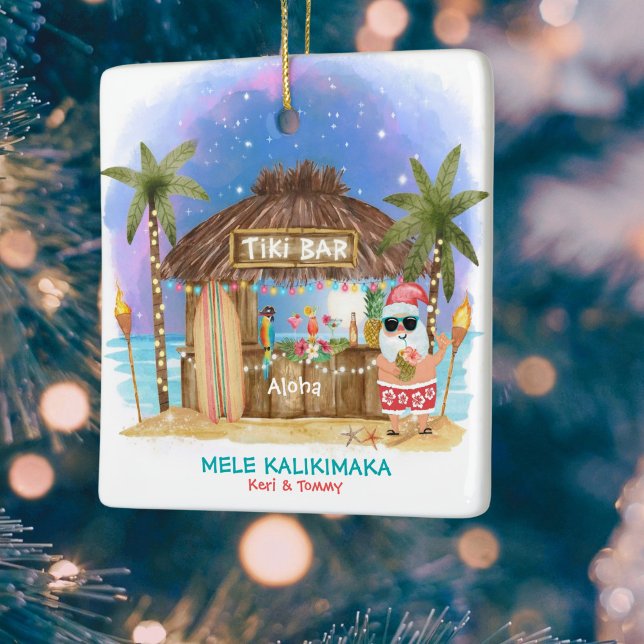 Tiki Beach Bar Moonlight Santa Tropical Christmas Ceramic Ornament (Creator Uploaded)