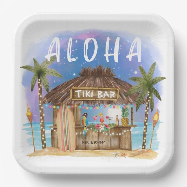 Tiki Beach Bar Tropical Aloha Surf & Sea Paper Plates (Front)