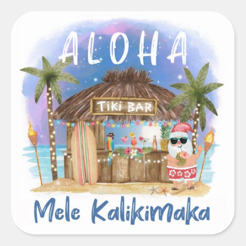 Tiki Beach Bar  Tropical Mele Kalikimaka Santa Square Sticker